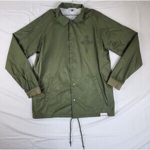 Diamond Supply Co Windbreaker Jacket Green Mens Size XL Cross Logo Button Up